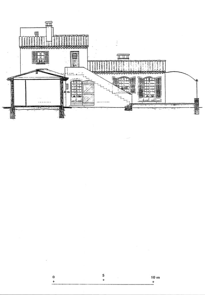 Propriété de Monsieur et Madame Thierry-Mieg au Cap d'Antibes. A-M. Projet de maison d'habitation individuelle. Façades. 1954. Elévation ouest du corps principal.