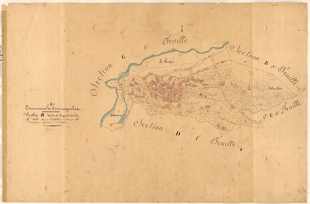 Plan de situation du village de Coursegoules d'après le cadastre de 1841, section B. ; Plan de situation du village de Coursegoules d'après le cadastre de 1841, section B.