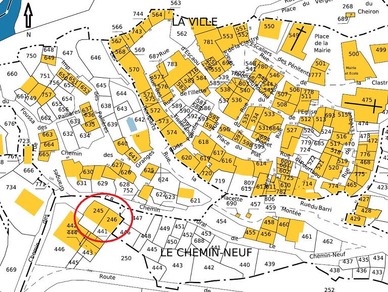 Plan de masse et de situation d'après le cadastre de 2022, section D, parcelles D 245 et 246.