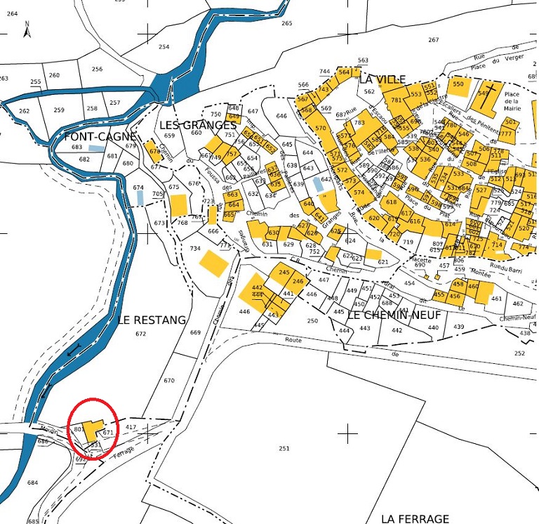 Plan de masse et de situation d'après le cadastre de 2022, section B, parcelles 671. 