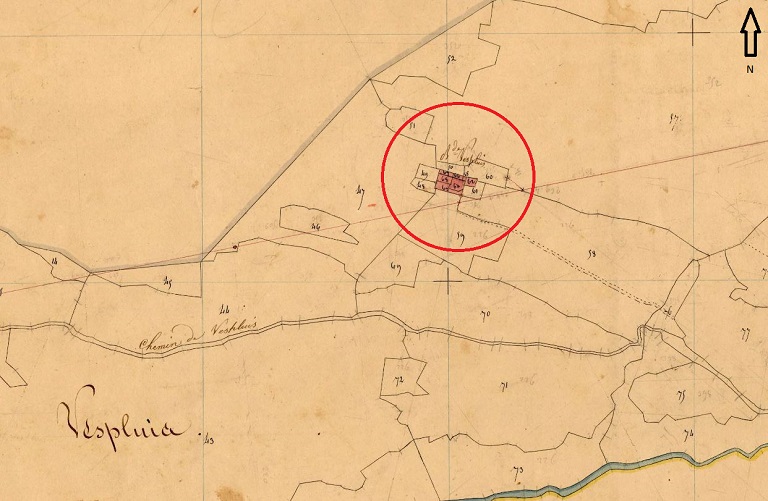 Plan de masse et de situation d'après le cadastre de 1841, section G, parcelles 49, 62 à 68.