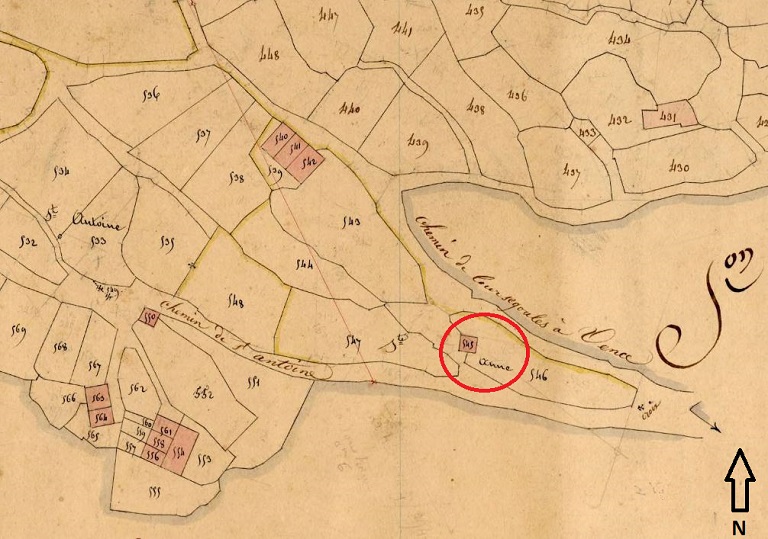 Plan de masse et de situation d'après le cadastre de 1841, section B, parcelle 545. 