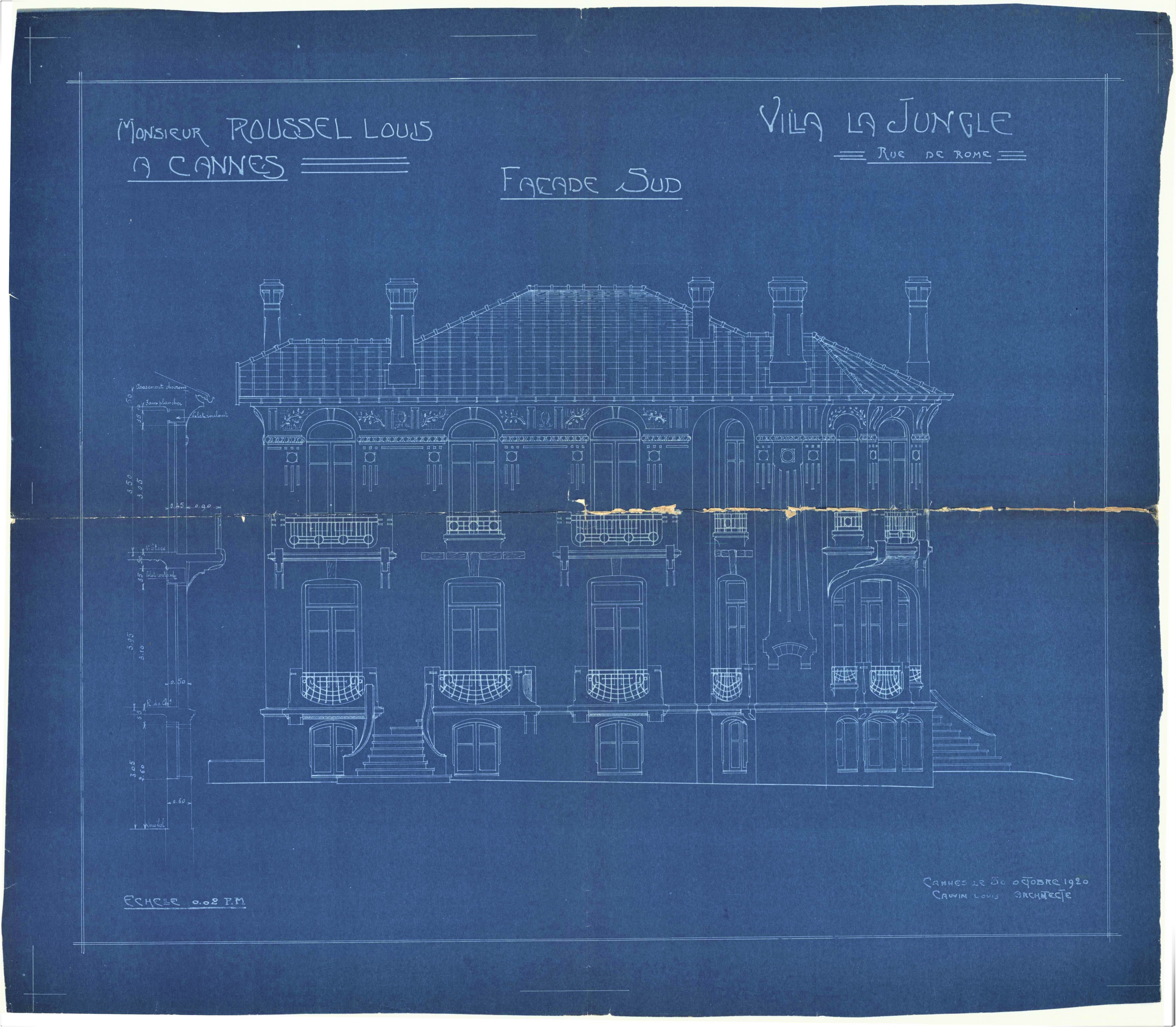 Monsieur Roussel Louis à Cannes. Villa La Jungle. Façade sud. 1920.