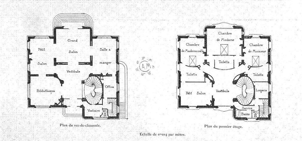 [Villa Fénelon, Cannes. Vue générale de la façade, coupe et plans du rez-de-chaussée et du 1er étage]. Vers 1923. Détail : plans du rez-de-chaussée et du 1er étage.