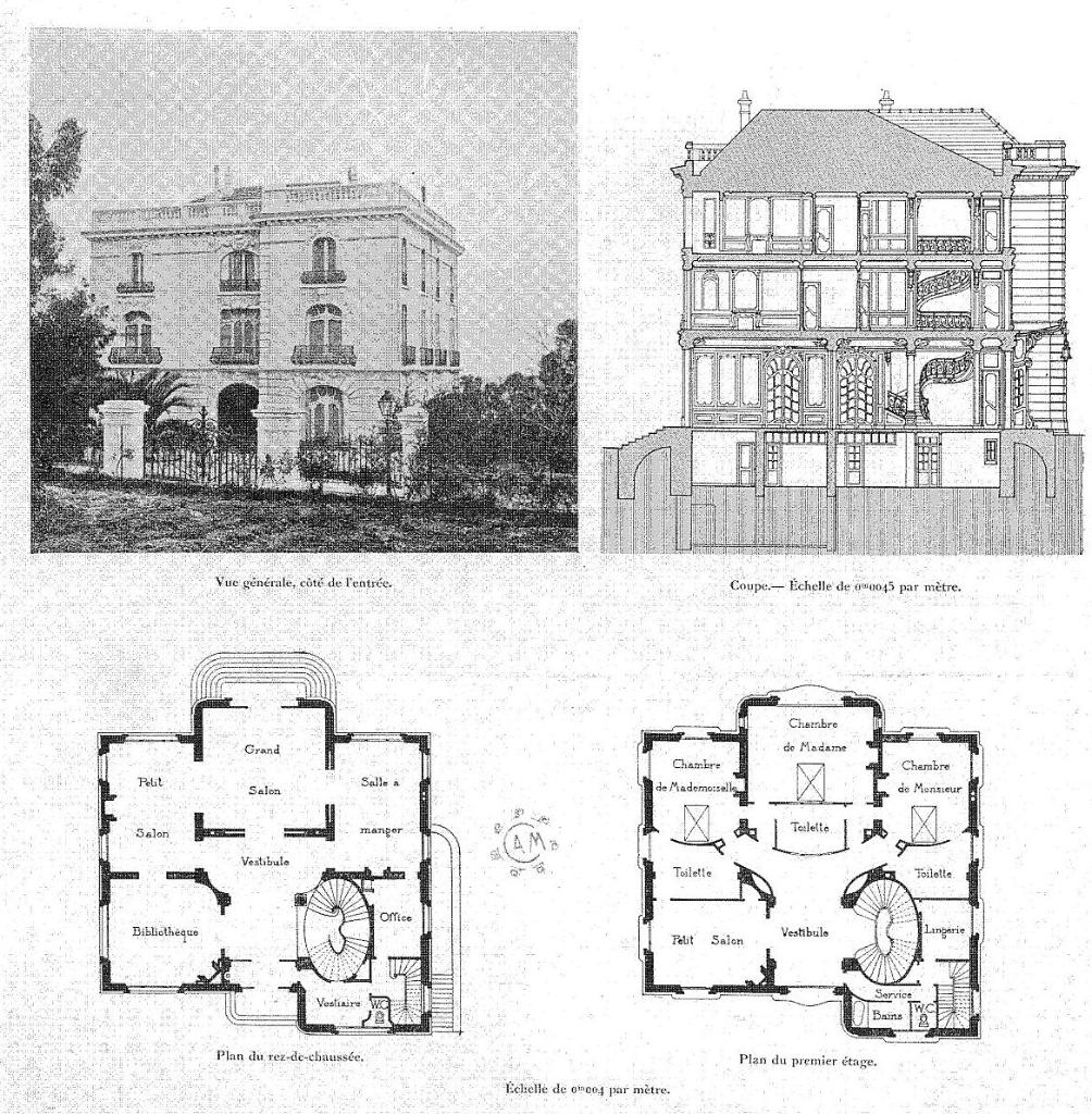 [Villa Fénelon, Cannes. Vue générale de la façade, coupe et plans du rez-de-chaussée et du 1er étage]. Vers 1923.