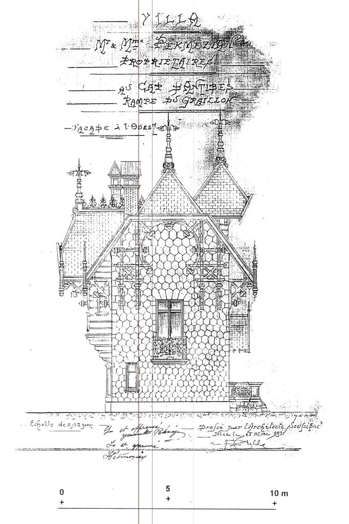 Villa. Mr & Mme Pekmézian propriétaires. Av. Cap d'Antibes. Rampe du Graillon. Façade à l'ouest. 1931.
