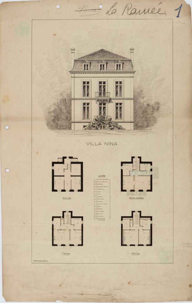 Villa Nina. [Elévation, plans des sous-sol, rez-de-chaussée, 1er et 2e étages.], 1888.