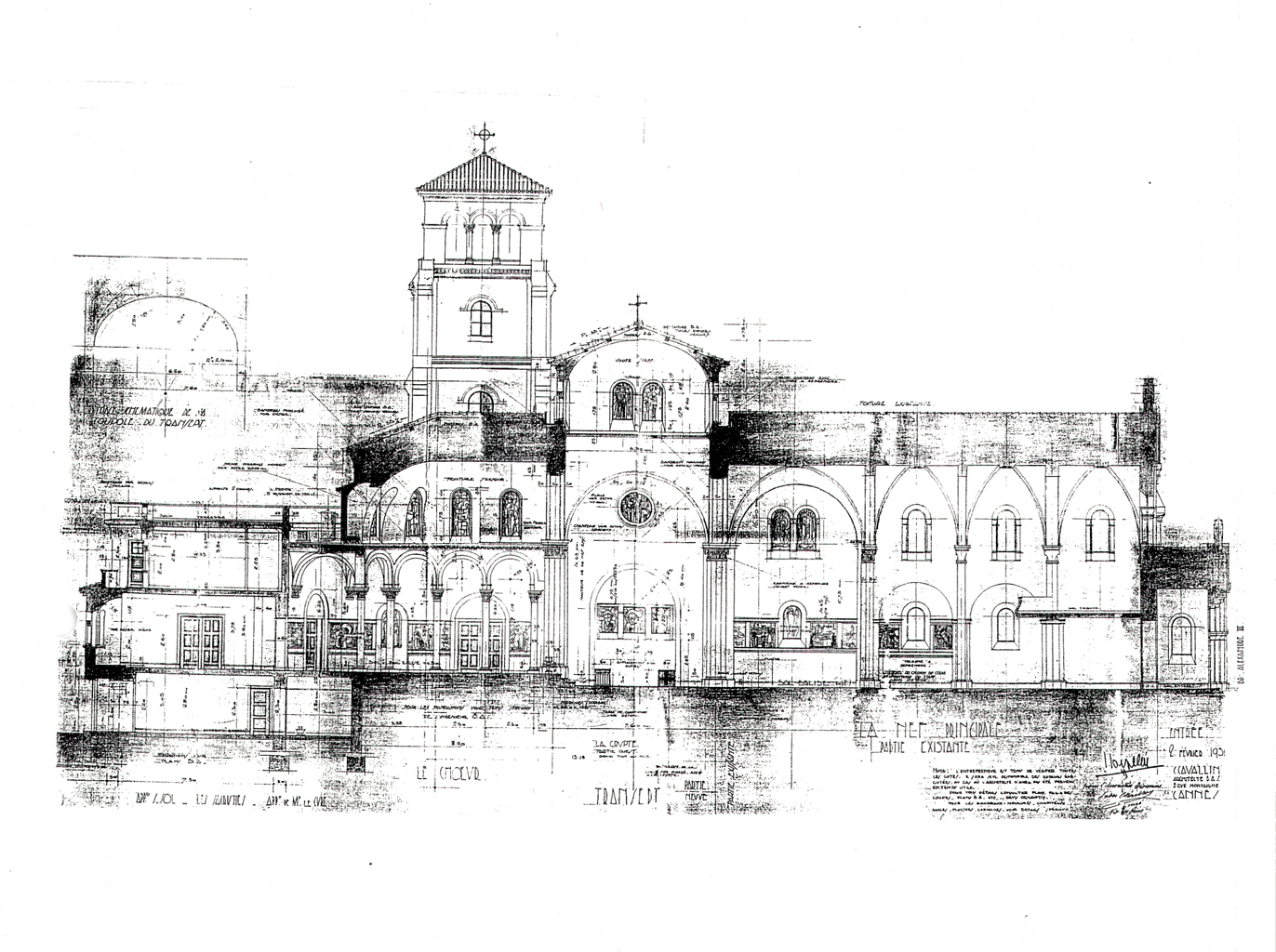 Cannes, église Notre-Dame des Pins. Projet d'agrandissement : coupe longitudinale. 1932