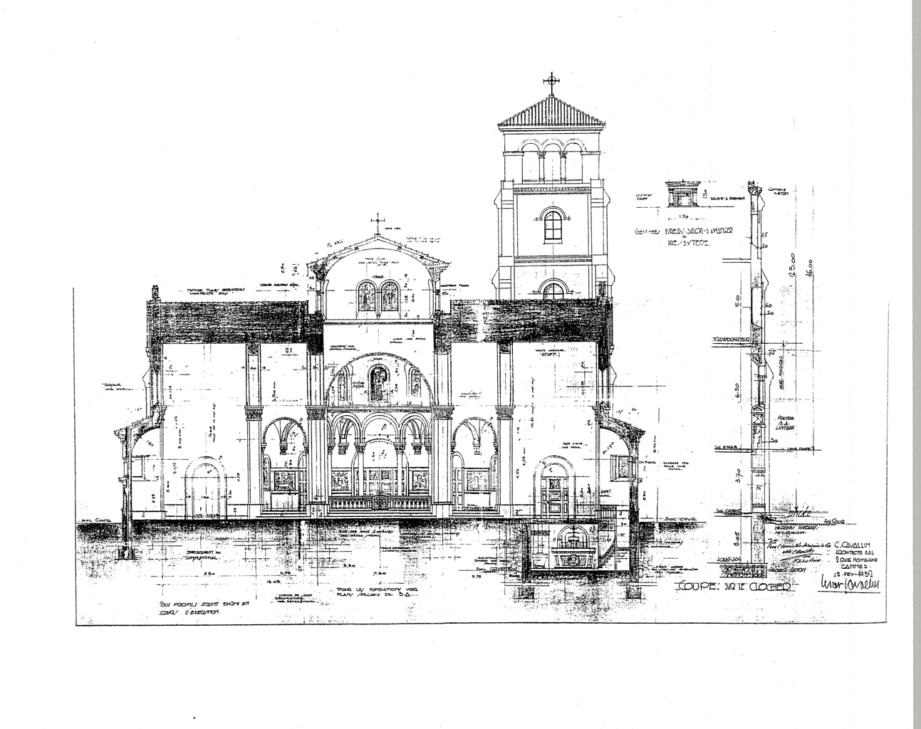 Cannes, église Notre-Dame des Pins. Projet d'agrandissement : coupe transversale sur le transept. 1932.