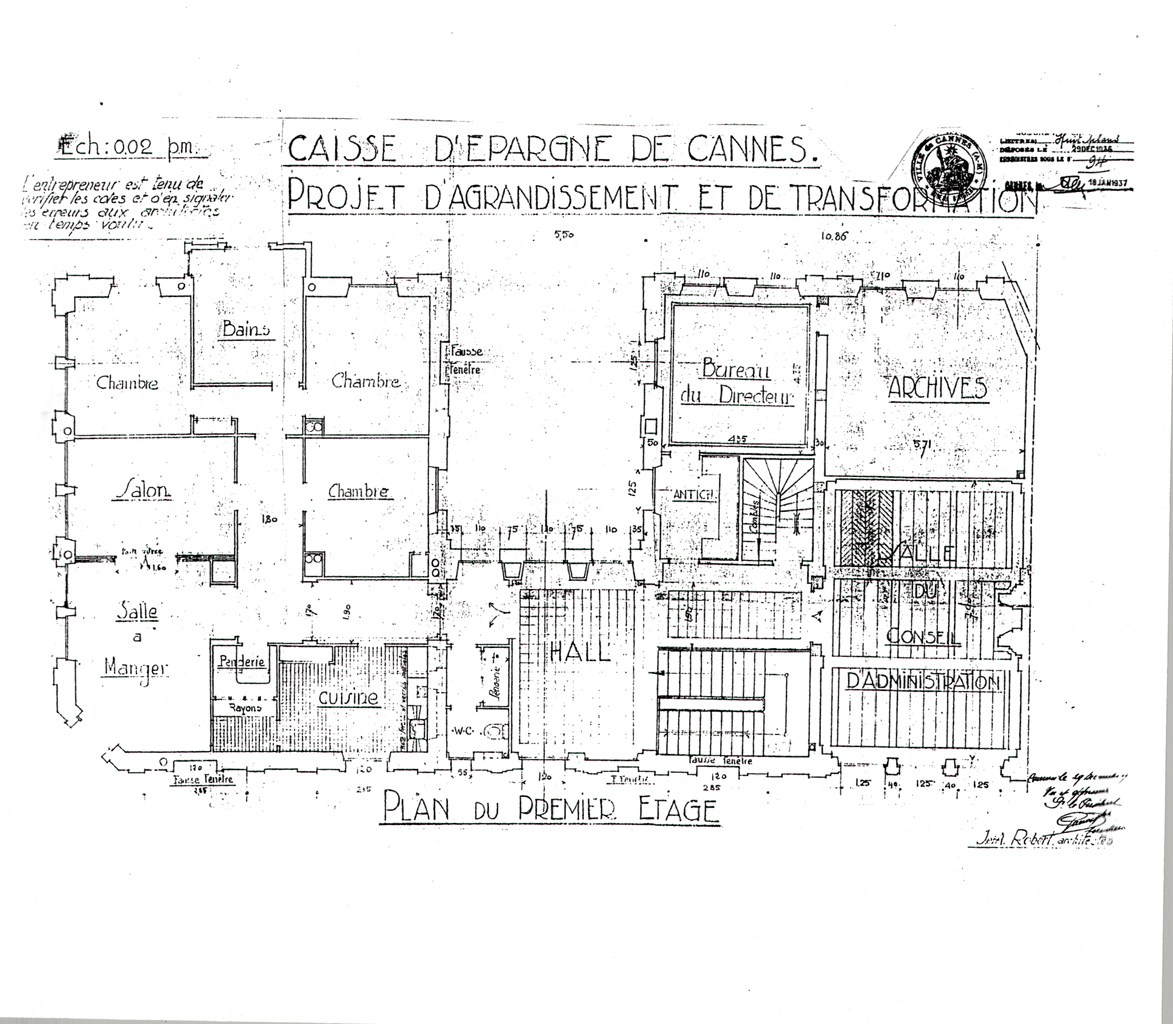 [Caisse d'épargne de Cannes. Projet d'agrandissement et de transformation. Plan du premier étage], 1937.