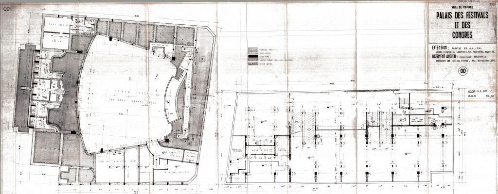 Ville de Cannes. Palais des festivals et des congrès. Extension : parking, locaux techniques. Bâtiment ancien : fondations, toilettes et vestiaire sud sous hall d'entrée, salle des machines. 1970-1973.