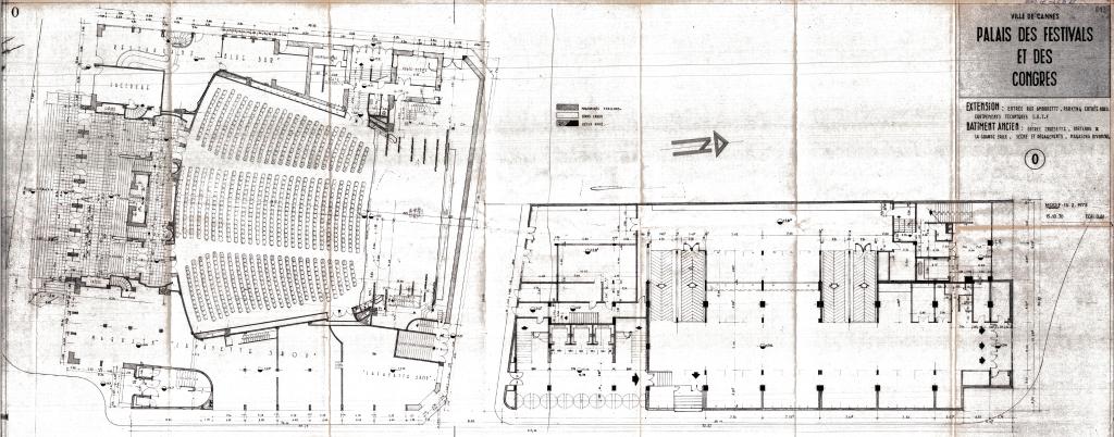 Ville de Cannes. Palais des festivals et des congrès. Extension : entrée rue Amouretti, parking entrée nord, équipements techniques. Bâtiment ancien : Entrée Croisette, parterre de la grande salle, scène et dégagements, magasins riverains. 1970-1973.