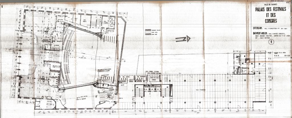 Ville de Cannes. Palais des festivals et des congrès. Extension : hall d'exposition n°1. Bâtiment ancien : hall d'entrée Croisette, ouest : bureaux direction, cabines B.T et H.T., loges ; est : salle Cocteau. 1970-1973.