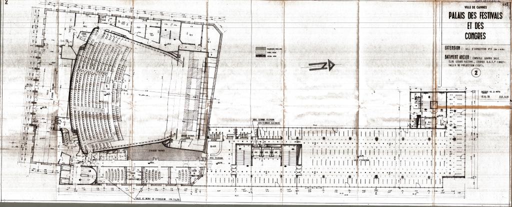 Ville de Cannes. Palais des festivals et des congrès. Extension : hall d'exposition n°2. Bâtiment ancien : corbeille grande salle, club Gérard Philippe, studio ORTF, salles de projection. 1970-1973.