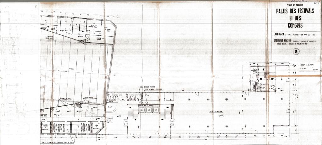 ille de Cannes. Palais des festivals et des congrès. Extension : hall d'exposition n°3. Bâtiment ancien : bureaux, cabine de projection grande salle, salles de projection Est, 1970-1973.