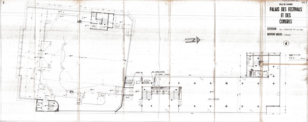 Ville de Cannes. Palais des festivals et des congrès. Extension : hall d'exposition n°4. Bâtiment ancien : terrasse, 1970-1973.