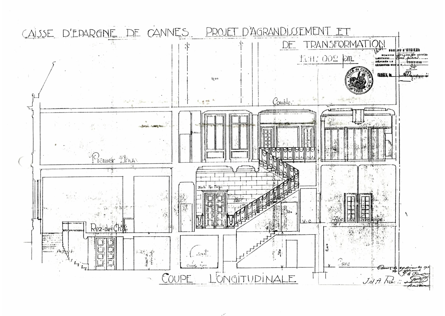 [Caisse d'épargne de Cannes. Projet d'agrandissement et de transformation. Coupe longitudinale], 1937.