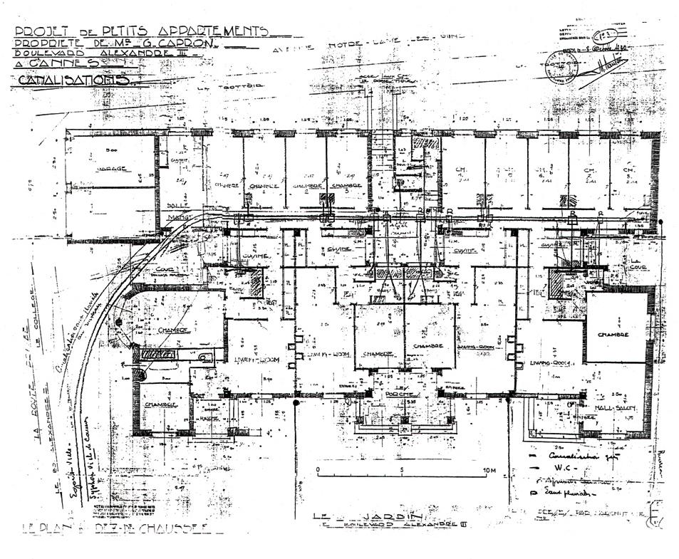 Projet de petits appartements . Propriété de Mr G. Capron. Boulevard Alexandre III à Cannes. Canalisations. Plan du rez-de-chaussée. 1930.