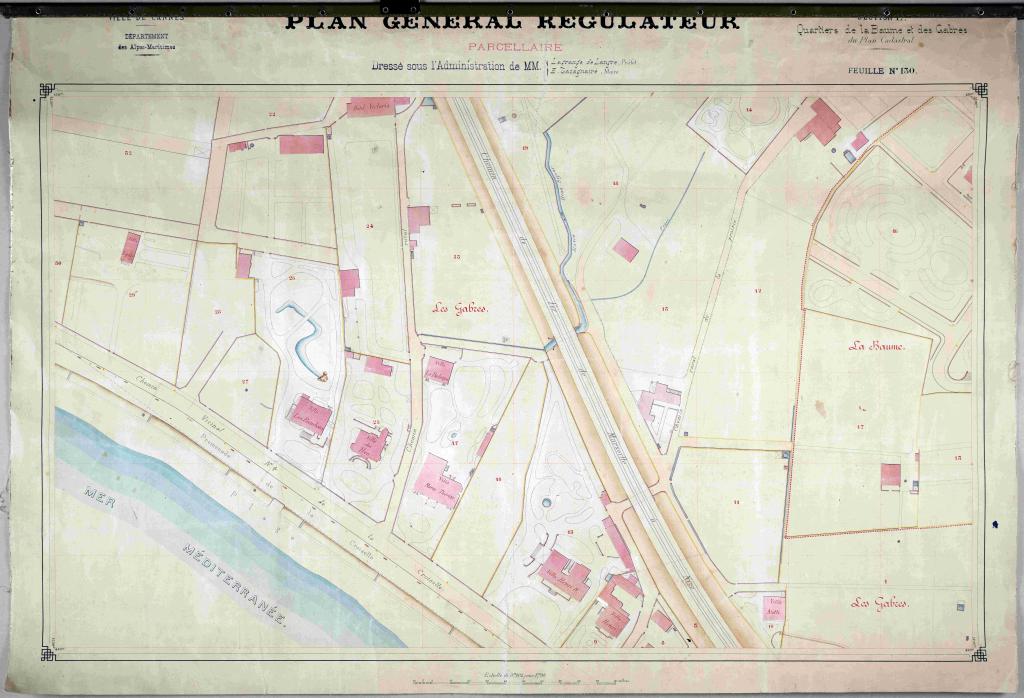 Ville de Cannes. Plan général régulateur parcellaire. Quartiers de la Baume et des Gabres. Feuille 130, 1884.