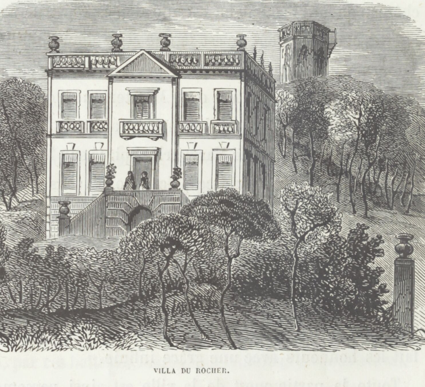 Villa du Rocher. [Vue d'ensemble de la villa du Rocher à Cannes avec la fabrique octogonale en arrière-plan.], [1859]. Source gallica.bnf.fr.