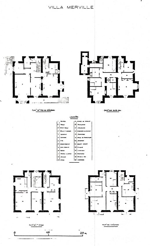 Villa Merville. [Plans du sous-sol, du rez-de-chaussée, du 1er étage et de l'étage de comble]. 1888.