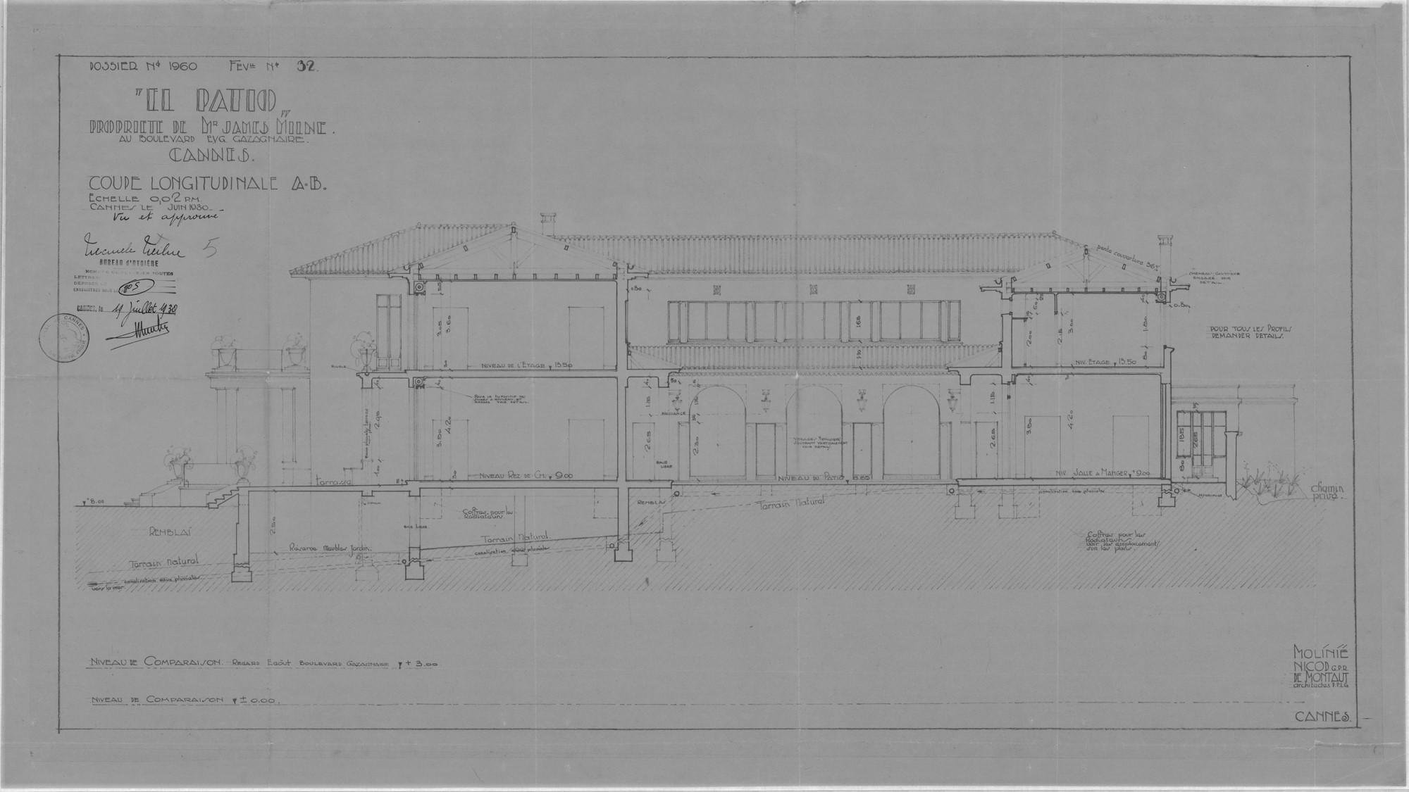 El Patio. Propriété de Mr James Milne au boulevard Eug. Gazagnaire. Cannes. Coupe longitudinale A-B, 1930.