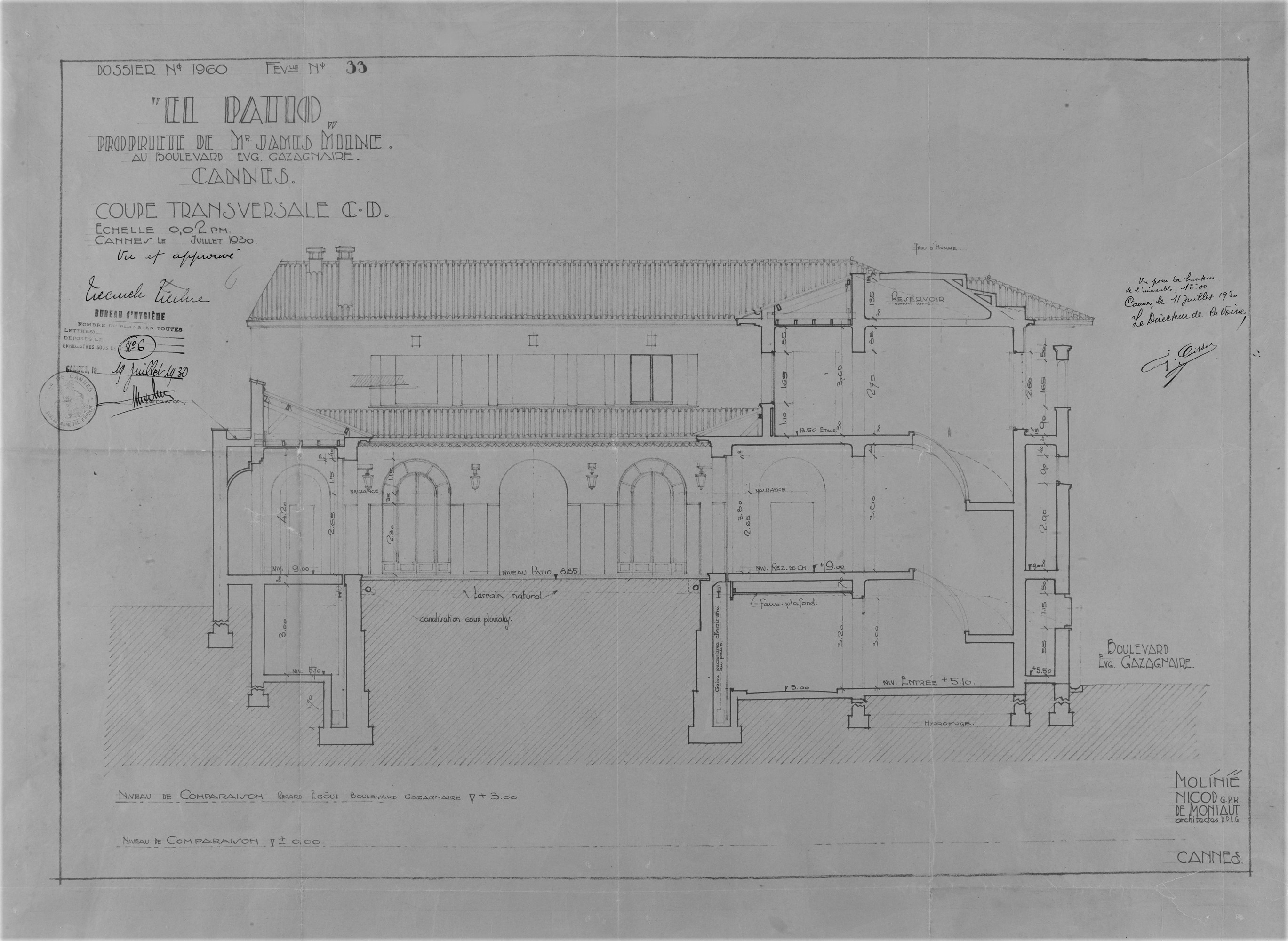 El Patio. Propriété de Mr James Milne au boulevard Eug. Gazagnaire. Cannes. Coupe transversale C-D, 1930.