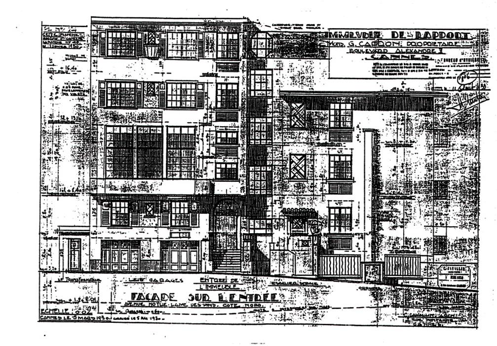 Immeuble de rapport. Monsieur G. Capron propriétaire boulevard Alexandre III. Cannes [immeuble Canteraine] Façade sur l'entrée avenue Notre-Dame des Pins. 1930.