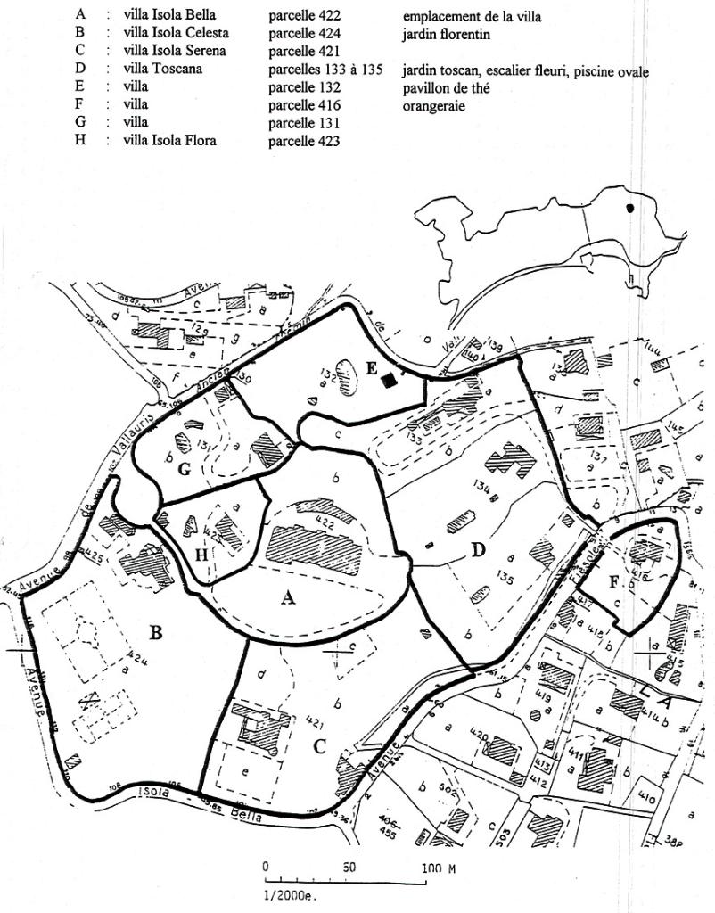 Plan de situation de la villa Isola Serena et de son jardin, issus du lotissement du jardin de la villa Isola Bella sur fond de plan cadastral de 1981 section DK. ; Plan de situation de la villa Isola Flora dans le lotissement d'isola Bella, sur fond de plan cadastral 1981, section DK.