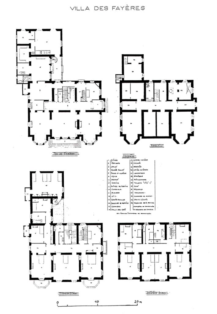 Villa des Fayères. [Plans des sous-sol, rez-de-chaussée, 1er et 2e étages.], 1890.