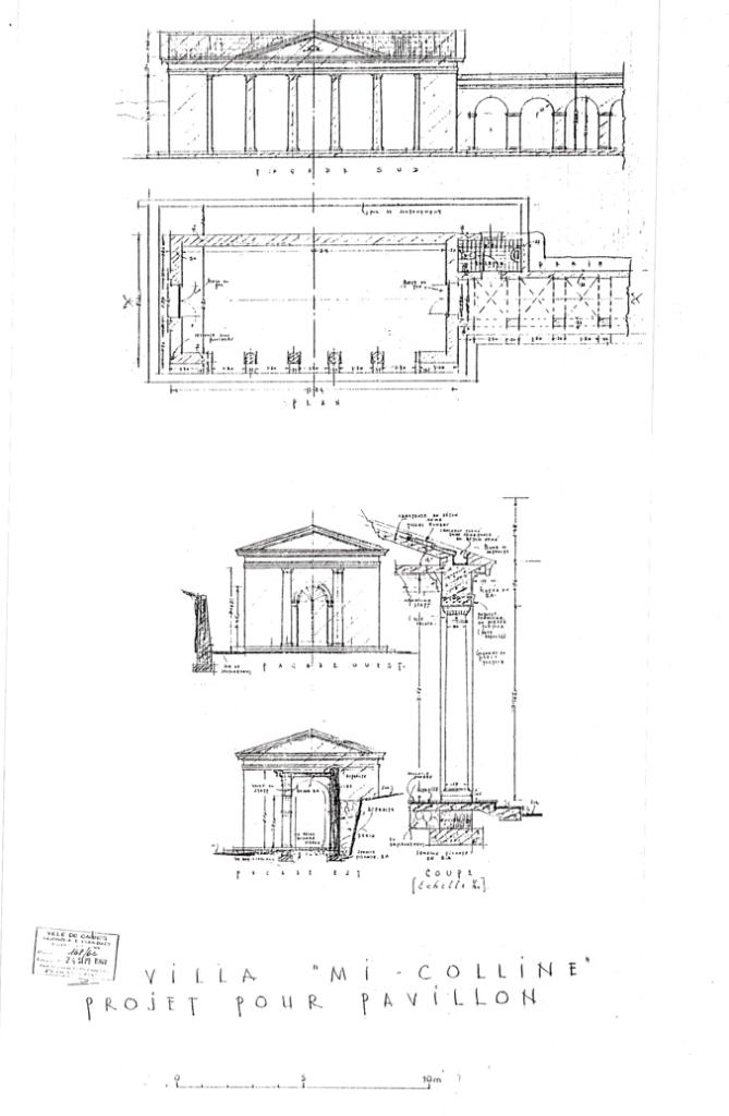 Villa Mi-Colline. Projet pour pavillon [Façade sud et plan avec amorce de la galerie de liaison avec la maison. Elévations latérales ouest et est avec coupe sur la galerie], 1962.