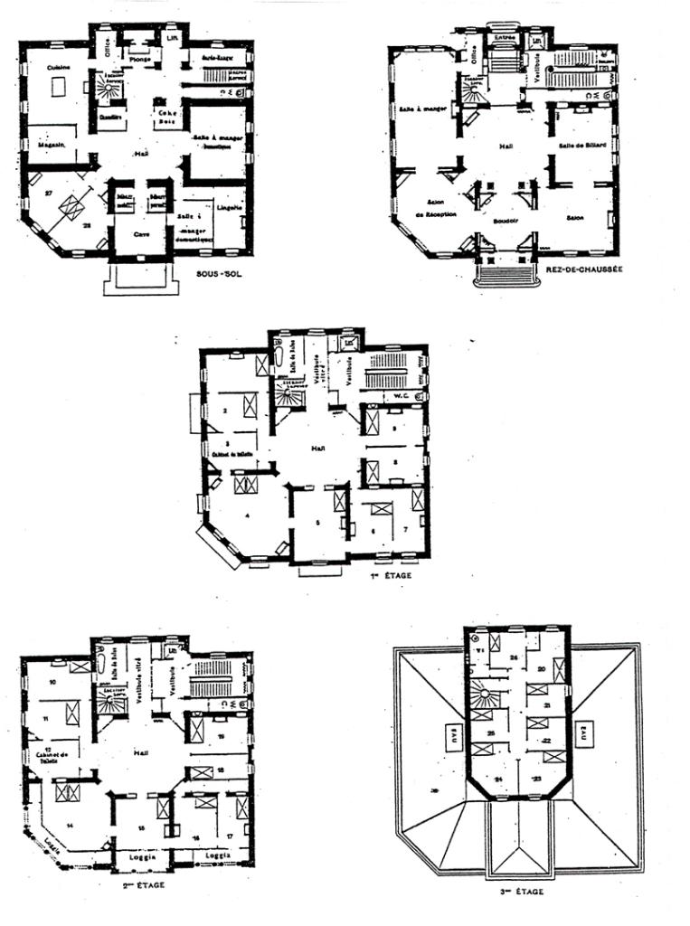 [Villa du Grand Hôtel de Cannes. Plans des sous-sol, rez-de-chaussée, 1er, 2e et 3e étages.], 1901.