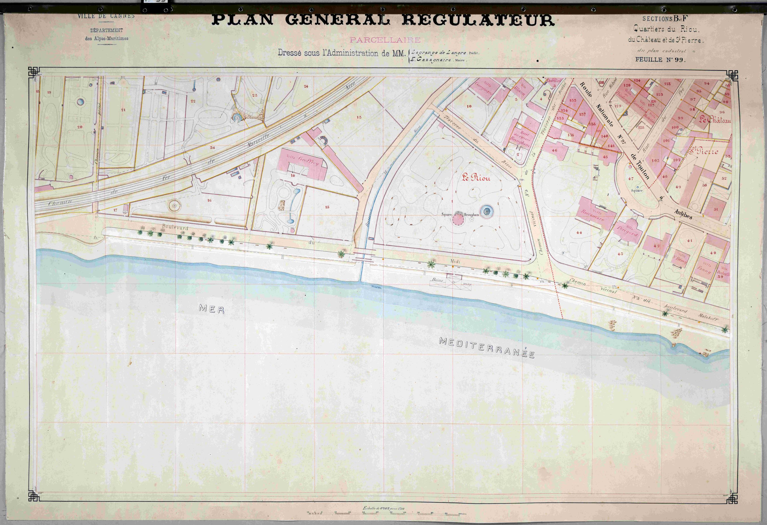 Ville de Cannes. Plan général régulateur. Section B et F. Quartiers du Riou, du Château et de Saint-Pierre. Feuille n° 99, 1884.