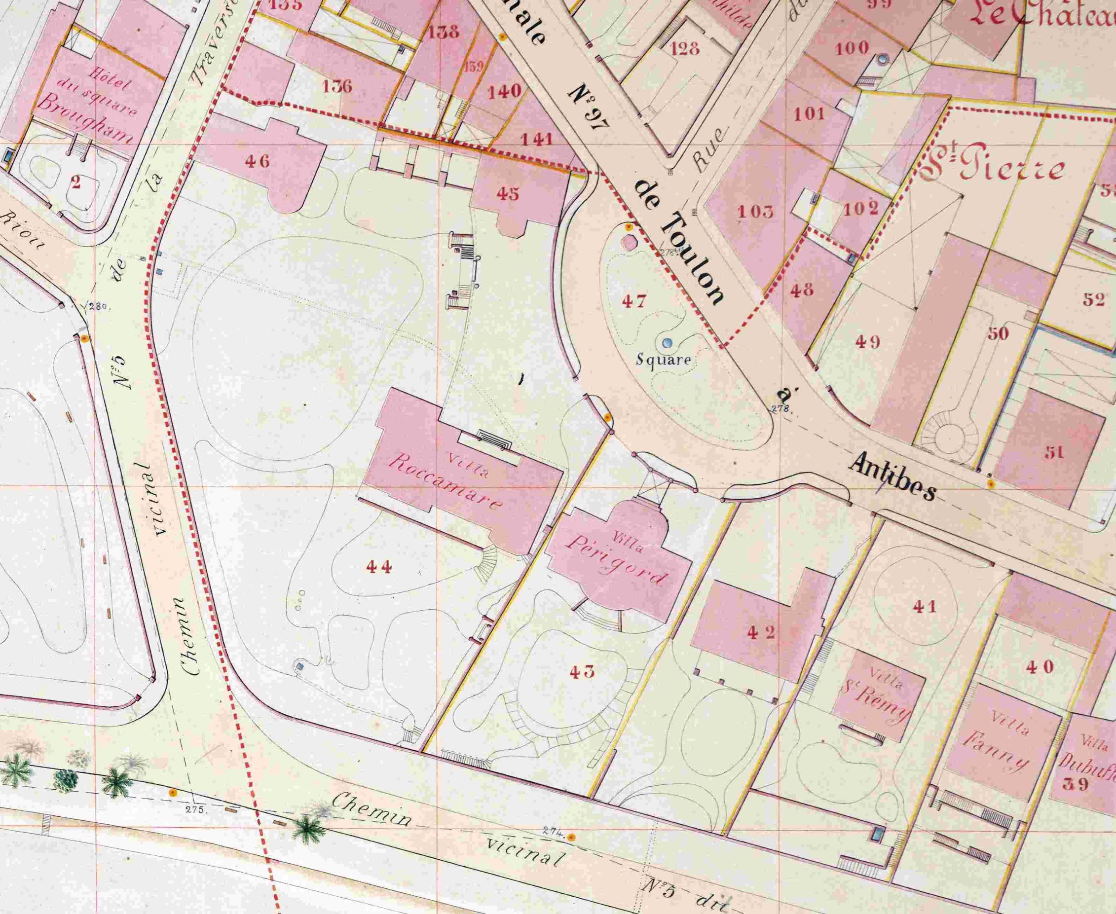 Ville de Cannes. Plan général régulateur. Section B et F. Quartiers du Riou, du Château et de Saint-Pierre. Feuille n° 99, 1884. Détail de l'ensemble Roccamare. N°44 : Grande Roccamare ; n°45 : villa gothique ; n° 46 : Petite Roccamare ; entre les n° 45 et 46 : fabrique de jardin.