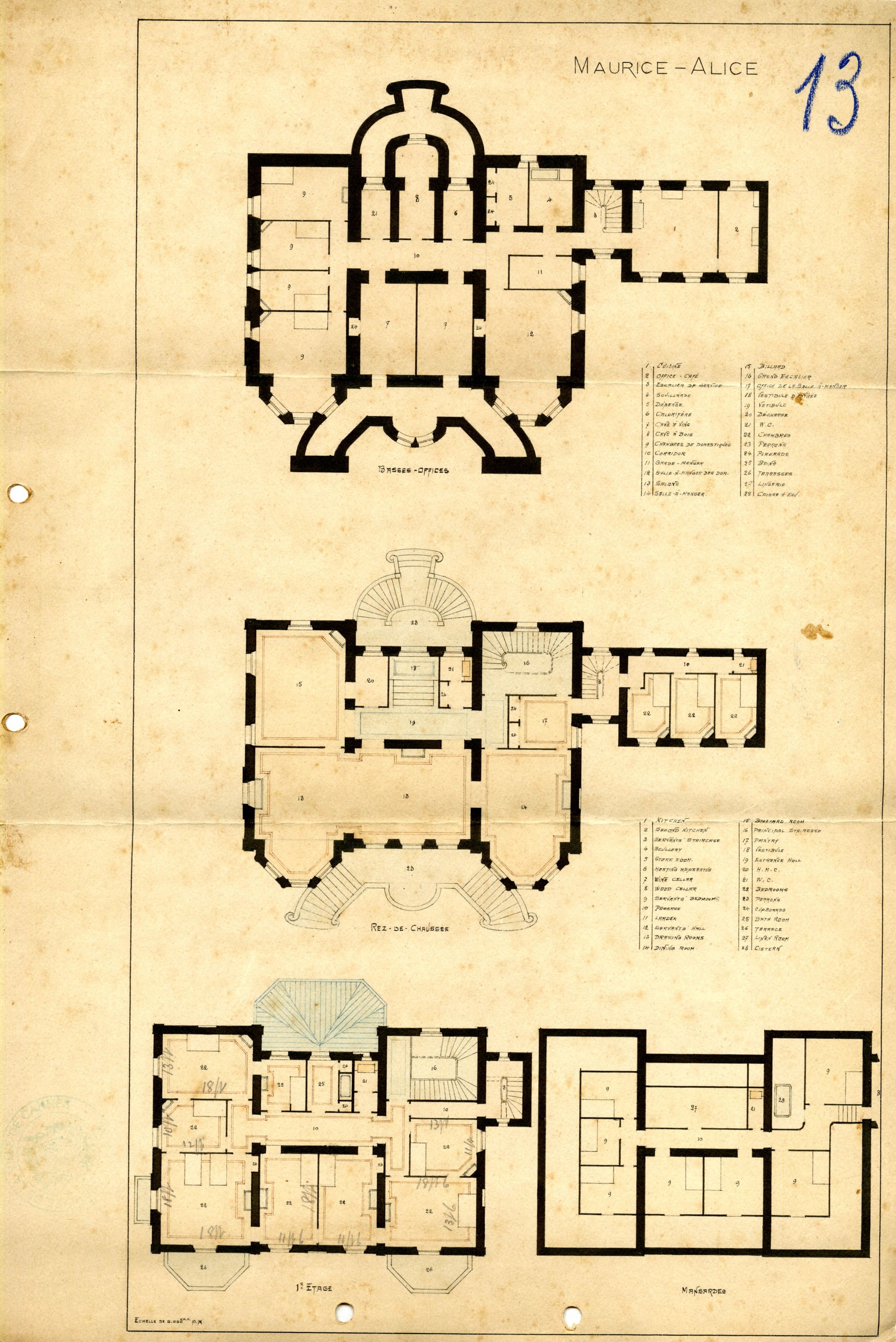 Villa Maurice-Alice. [Plans des bas-offices, rez-de-chaussée, 1er étage et mansardes], 1884.