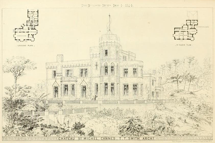 Château ST Michel - Cannes - T. T. Smith Arch. [Vue en perspective. Plans des rez-de-chaussée et 1er étage], 1874.