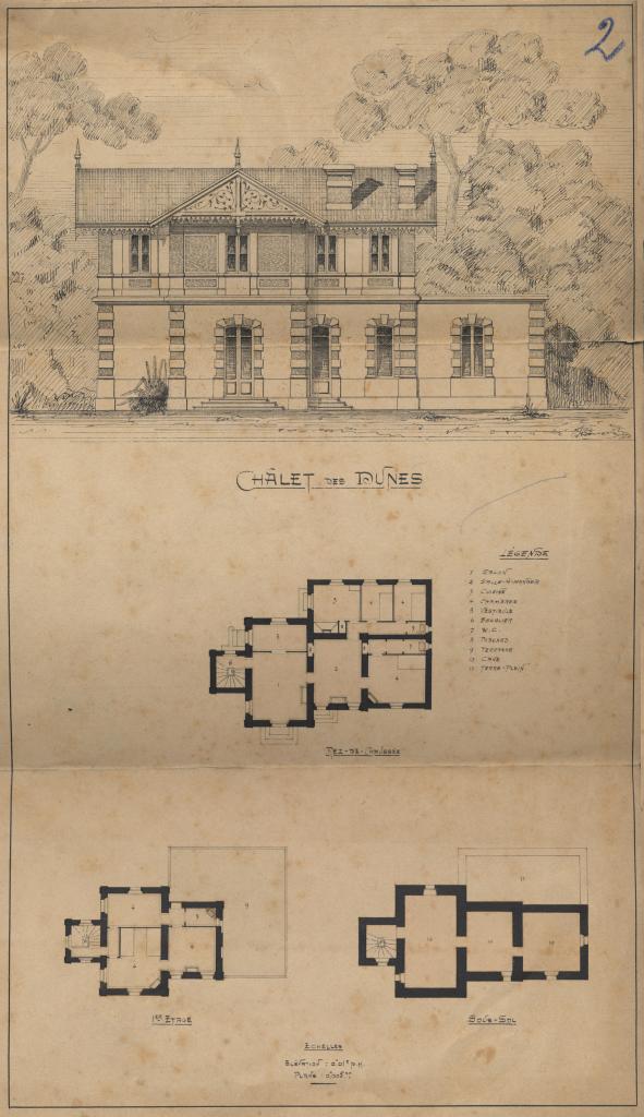 Chalet des Dunes. [Façade sud après surélévation, plans des rez-de-chaussée, 1er étage, sous-sol], après 1909.