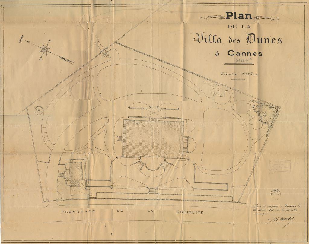 Plan de la villa des Dunes à Cannes. [Plan masse avec tracé du jardin] 1924.