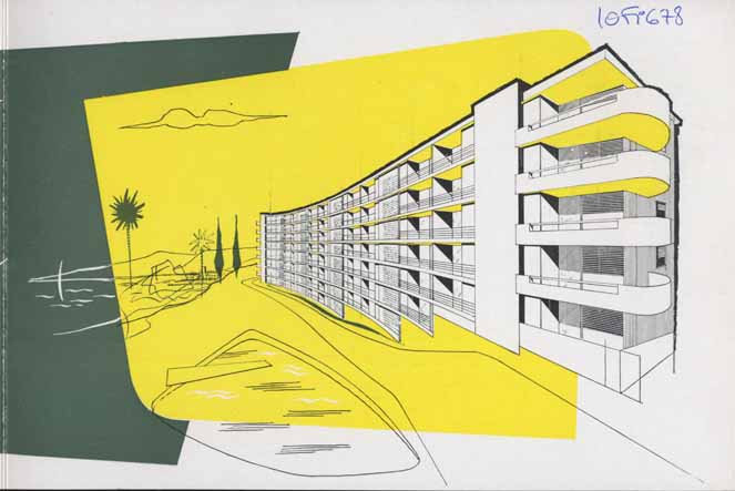 Vue en perspective de la façade de la Résidence Monte Léo à Cannes, [vers 1958].