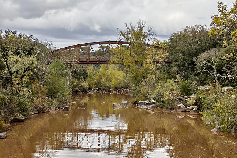 Pont métallique suspendu franchissant l'Aille. Vue de situation depuis la scierie Bou au sud-ouest (état en 2022). 