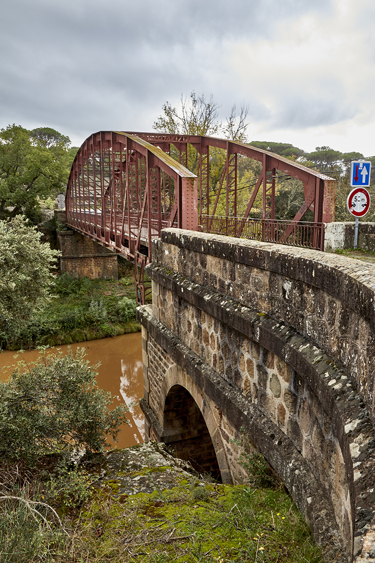 Pont métallique franchissant l'Aille. La superstructure métallique est encadrée par deux estacades d'accès est (au premier plan) et ouest (arrière-plan). Etat en 2022.