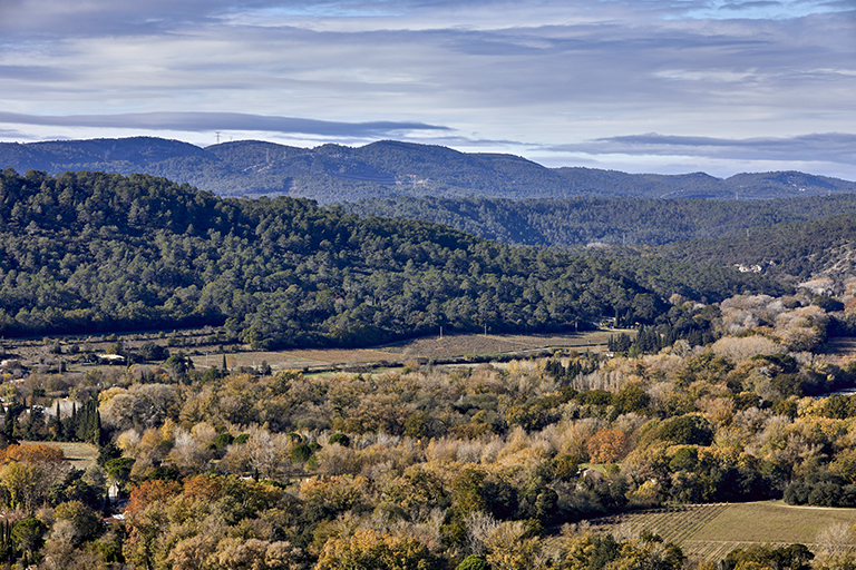 Paysage vidaubanais à l'est de l'agglomération, depuis la chapelle Sainte-Brigitte. La route départementale 84 au centre de l'illustration longe les méandres de l'Argens que signalent la ripisylve au premier plan (état en 2022). 