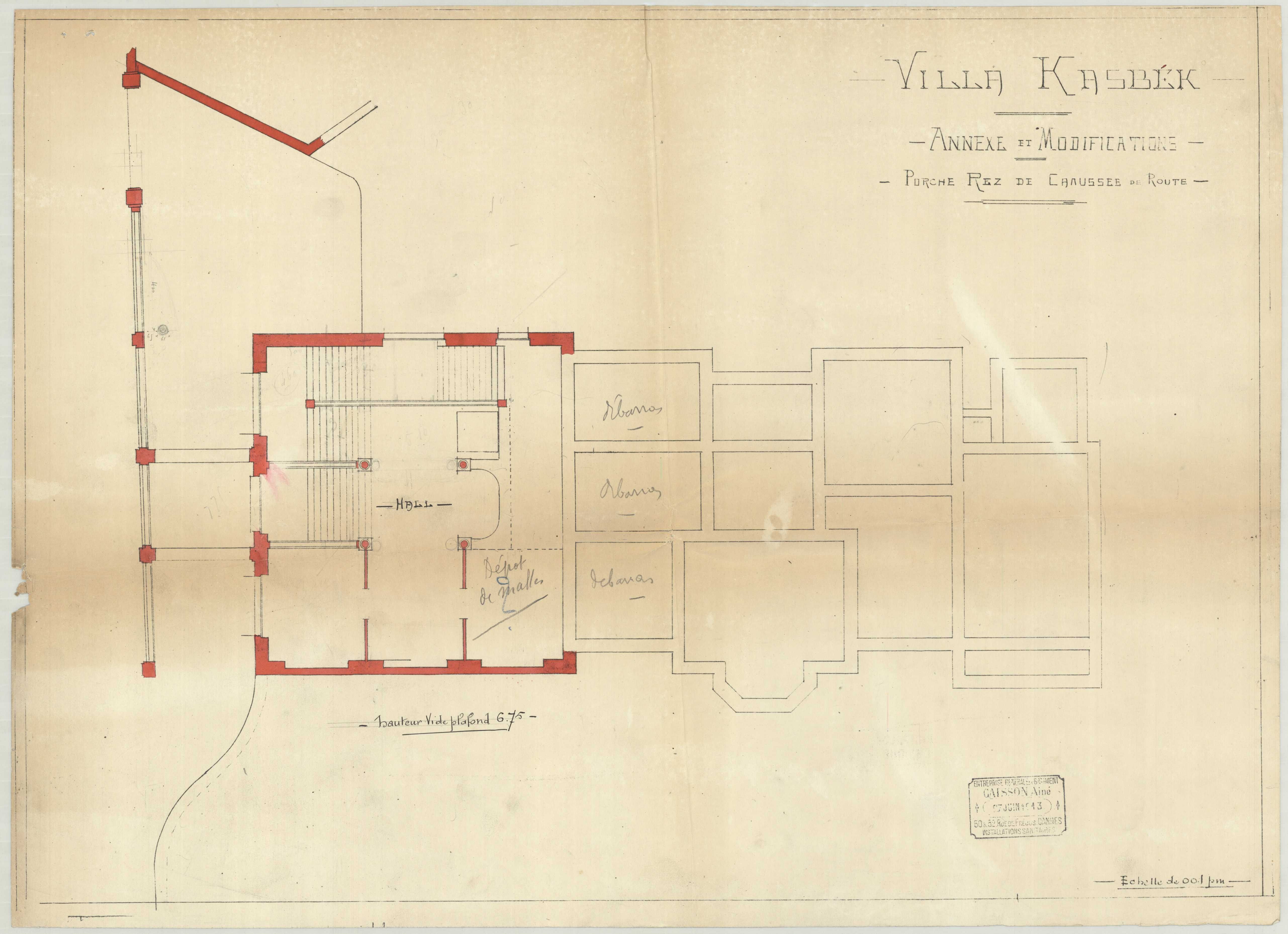 Villa Kasbek. Annexes et modifications. Porche Rez-de-chaussée de route. [Plan partiel de l'étage de soubassement], 1913.
