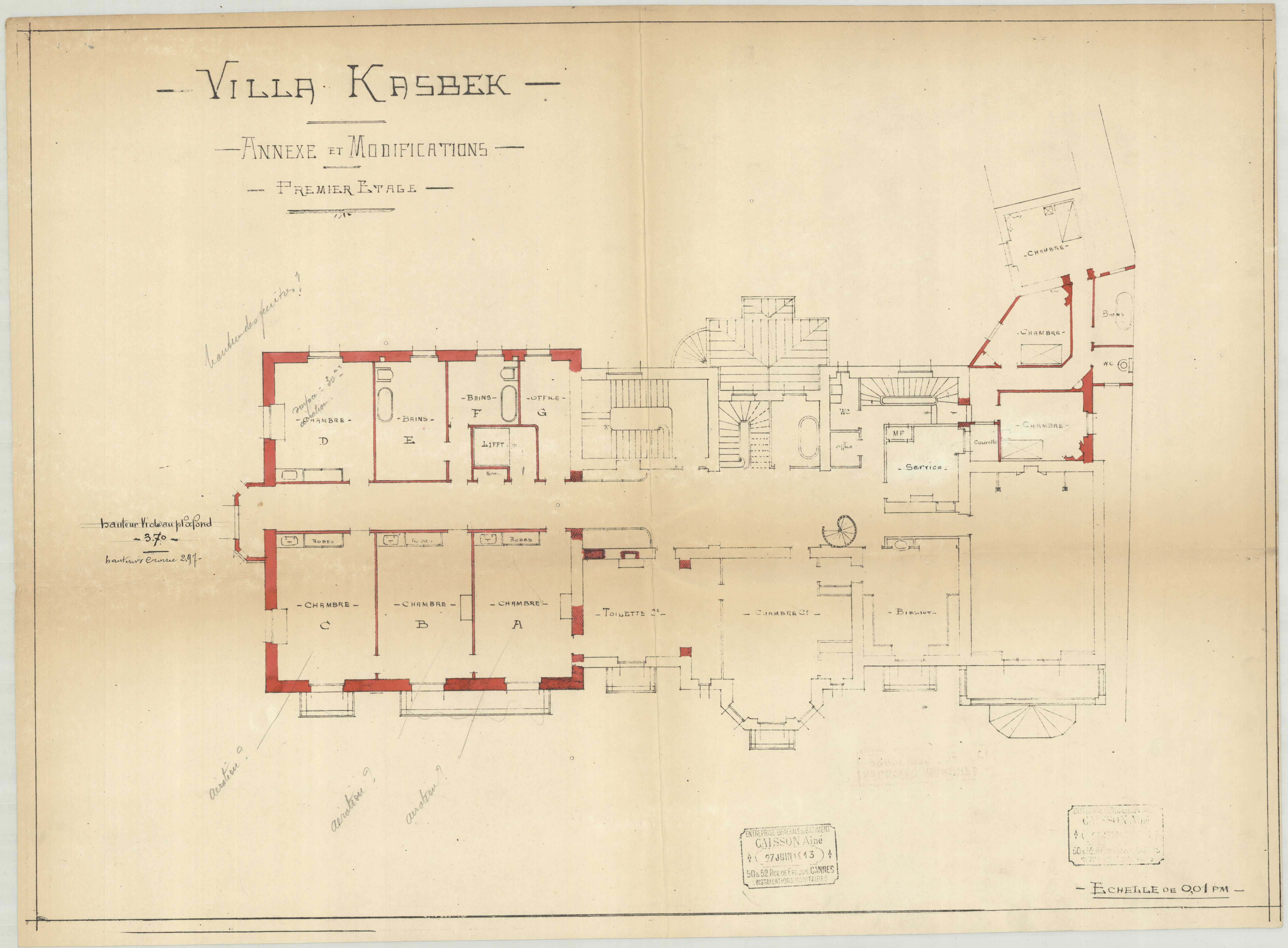 Villa Kasbek. Annexes et modifications. Premier étage. [Plan], 1913.