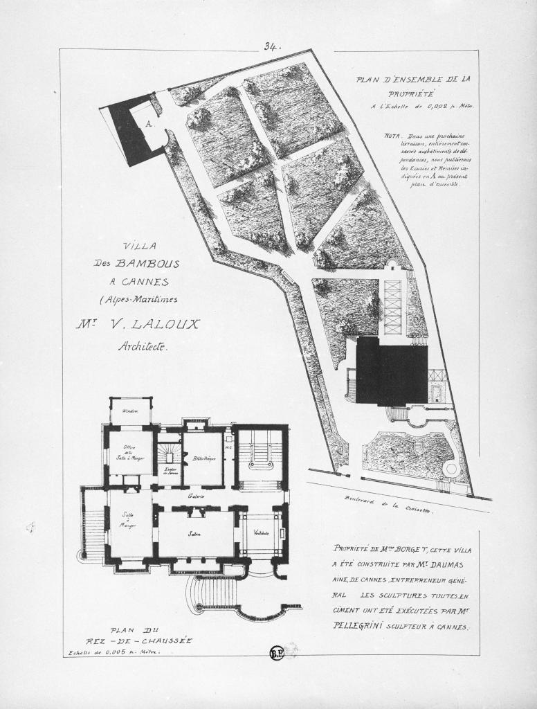 Villa des Bambous à Cannes (Alpes-Maritimes). Mr. V. Laloux Architecte. Plan d'ensemble de la propriété. Plan du rez-de-chaussée, vers 1891.