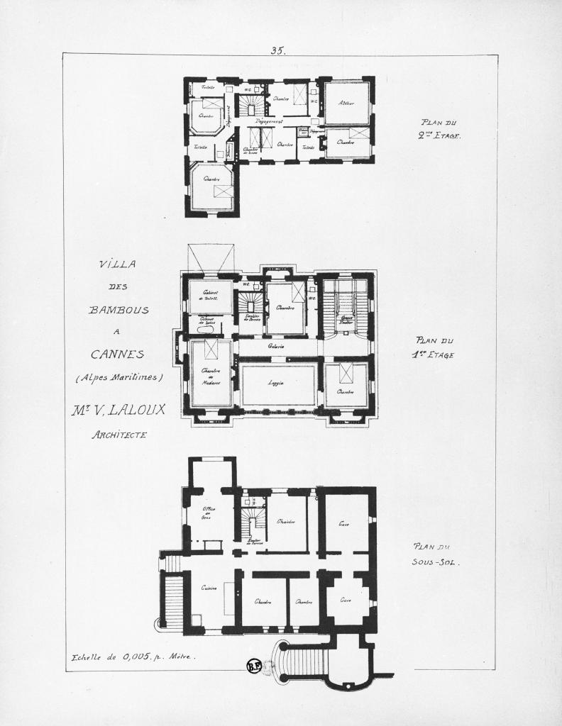 Villa des Bambous à Cannes (Alpes-Maritimes). Mr. V. Laloux Architecte. Plan du sous-sol. Plan du 1er étage. Plan du 2eme étage, vers 1891.