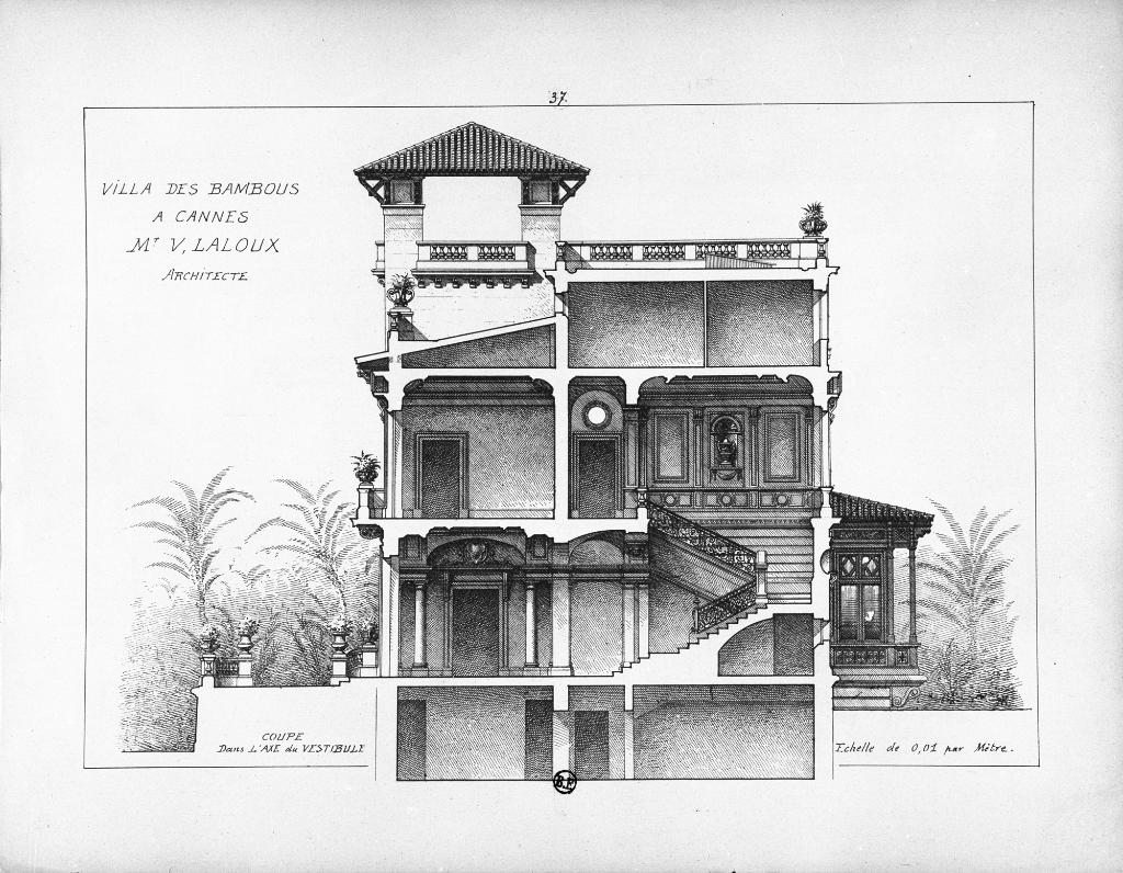 Villa des Bambous à Cannes (Alpes-Maritimes). Mr. V. Laloux Architecte. Coupe dans l'axe du vestibule, vers 1891.