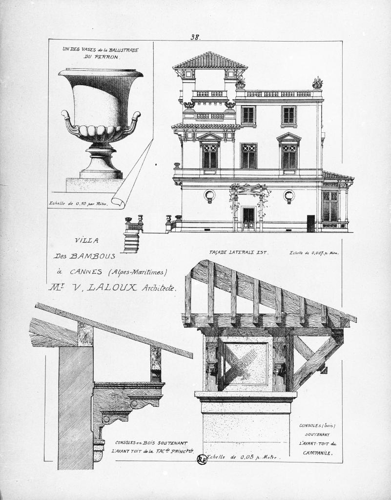 Villa des Bambous à Cannes (Alpes-Maritimes). Mr. V. Laloux Architecte. Façade latérale Est. Un des vases de la balustrade du perron. consoles en bois [...] vers 1891.