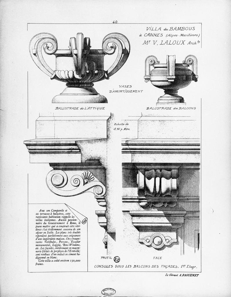 Villa des Bambous à Cannes (Alpes-Maritimes). Mr. V. Laloux Architecte. Vases d'amortissement. Consoles sous les balcons des façades, vers 1891.