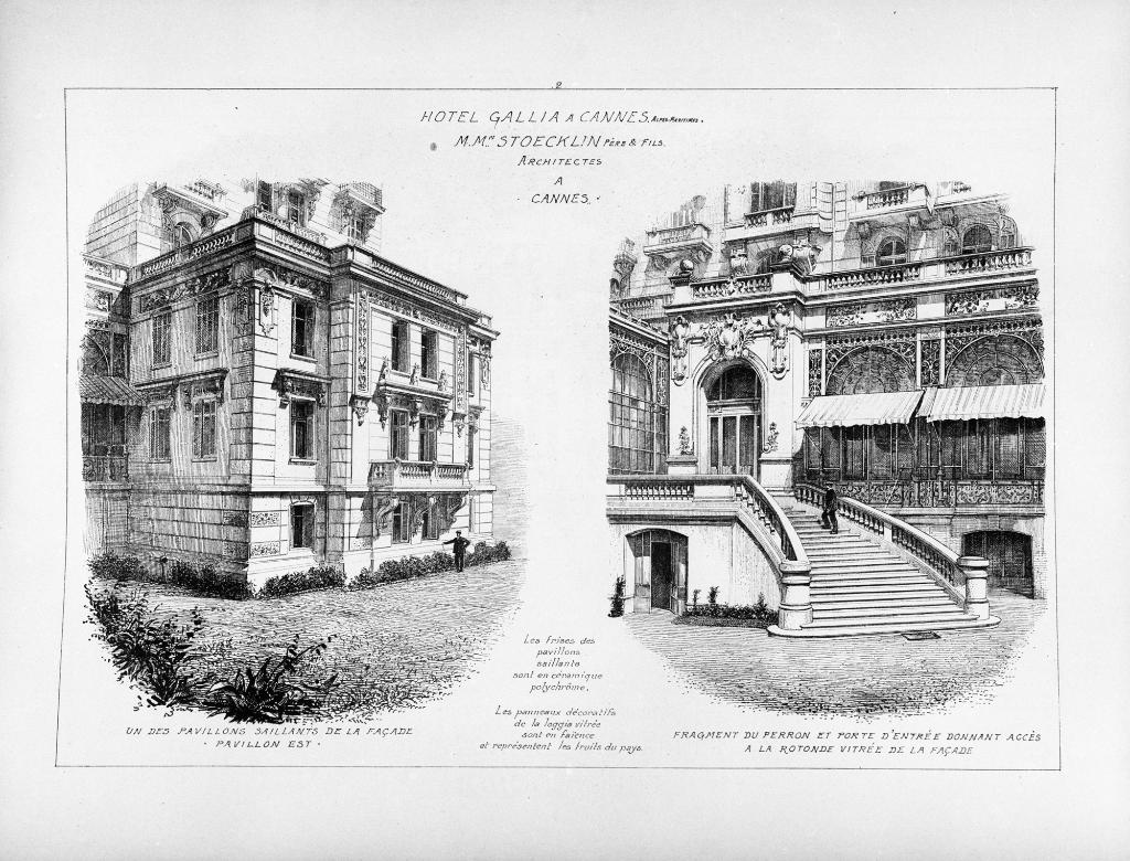 Hôtel Gallia à Cannes. Un des pavillons saillants de la façade. Pavillon Est. Fragment du perron et porte d'entrée donnant accès à la rotonde vitrée de la façade., [vers 1901].